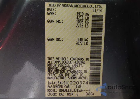 2015 Nissan Altima 2.5 S z USA, uszkodzony, nr VIN 1N4AL3AP2FC220374